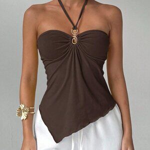 Brown Casual Women's Asymmetric Hem Backless Halter Top